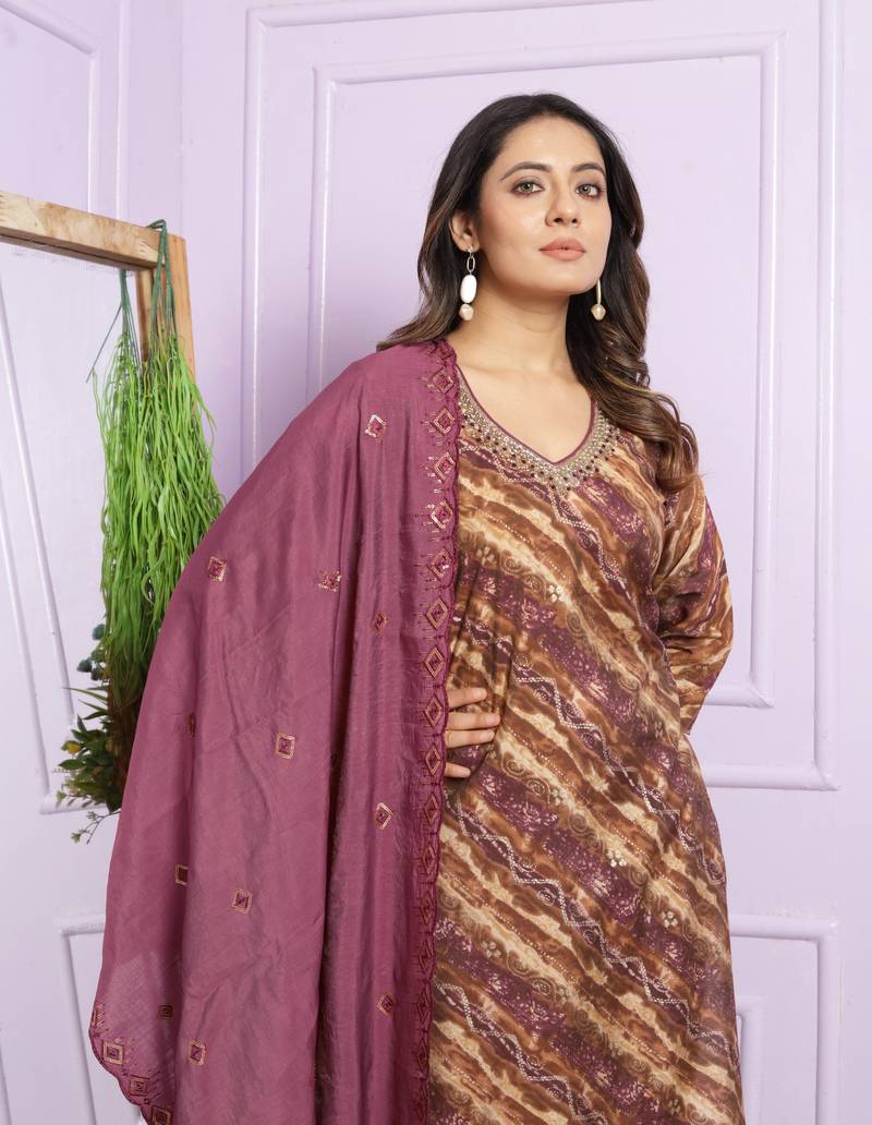 Rubine  Wine Modal Silk Fabric With Hand Work Design Straight Kurta Pant And Dupatta Set