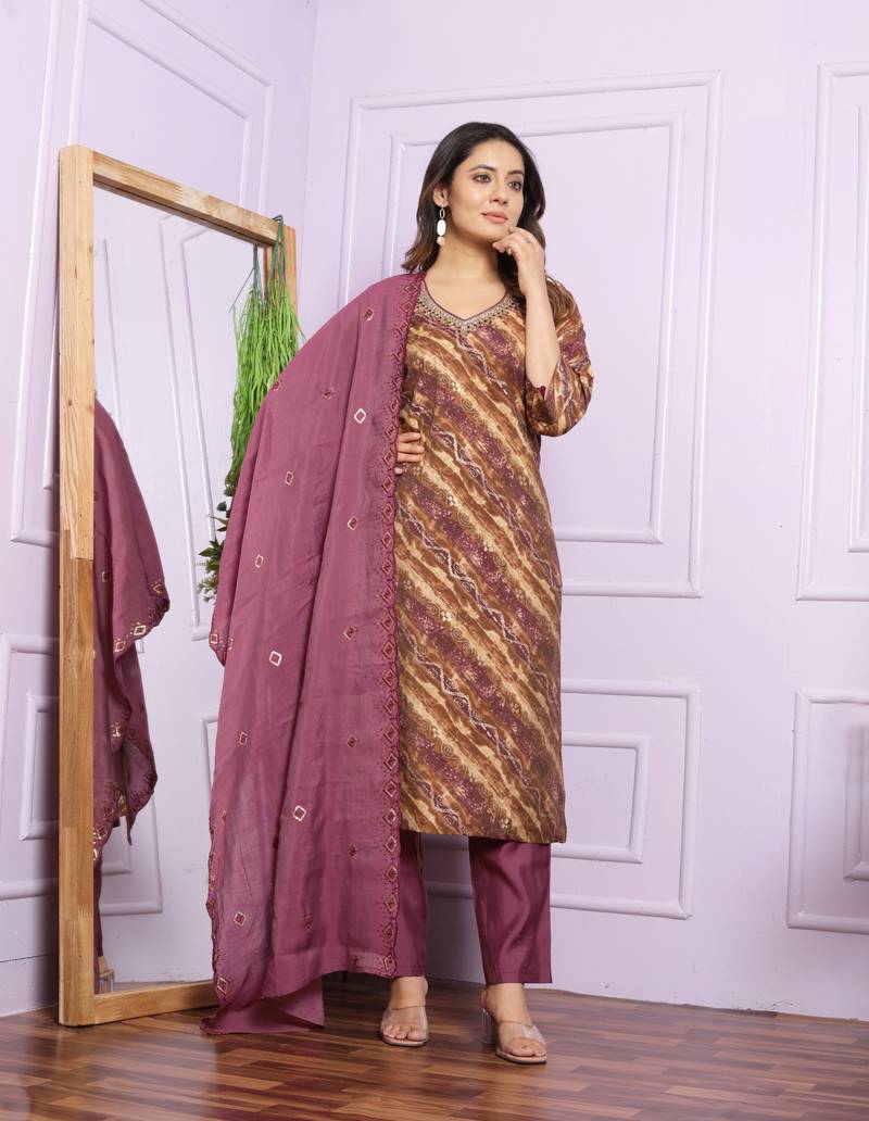 Rubine  Wine Modal Silk Fabric With Hand Work Design Straight Kurta Pant And Dupatta Set