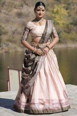 Pista Kalamkari Manipuri Silk Lehenga With (Unstitched) Blouse 1