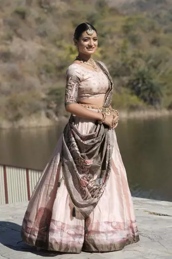 Pista Kalamkari Manipuri Silk Lehenga With (Unstitched) Blouse