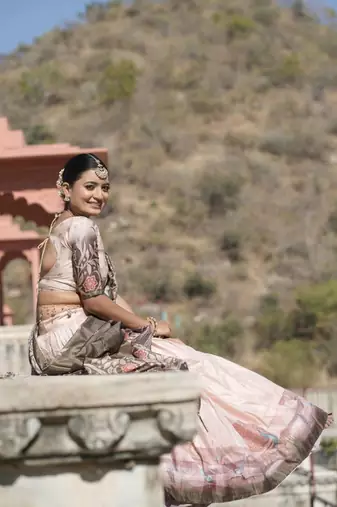 Pista Kalamkari Manipuri Silk Lehenga With (Unstitched) Blouse