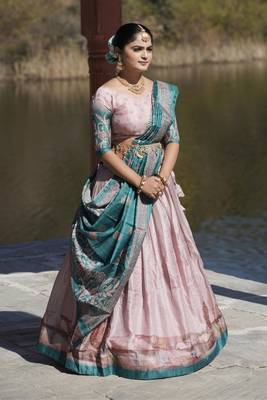 Regal Blush Pink & Teal Silk Kalamkari Lehenga Choli Set 1