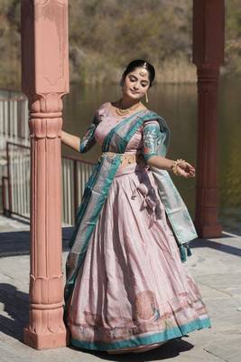 Regal Blush Pink & Teal Silk Kalamkari Lehenga Choli Set 3
