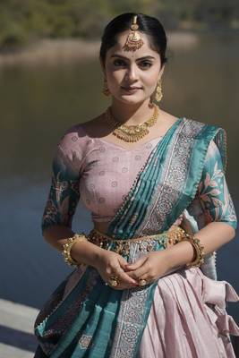 Regal Blush Pink & Teal Silk Kalamkari Lehenga Choli Set 4
