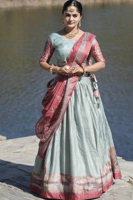 Sky-Blue Kalamkari Manipuri Silk Lehenga With (Unstitched) Blouse 1