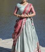 Sky-Blue Kalamkari Manipuri Silk Lehenga With (Unstitched) Blouse