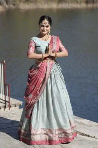 Sky-Blue Kalamkari Manipuri Silk Lehenga With (Unstitched) Blouse