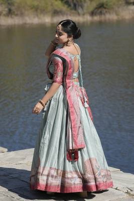 Sky-Blue Kalamkari Manipuri Silk Lehenga With (Unstitched) Blouse 3