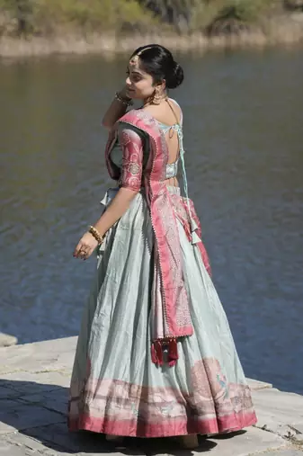 Sky-Blue Kalamkari Manipuri Silk Lehenga With (Unstitched) Blouse