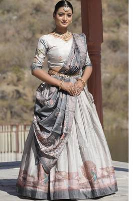 Grey Kalamkari Manipuri Silk Lehenga With (Unstitched) Blouse 1