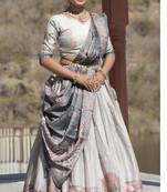 Grey Kalamkari Manipuri Silk Lehenga With (Unstitched) Blouse