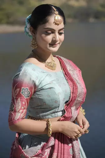 Sky-Blue Kalamkari Manipuri Silk Lehenga With (Unstitched) Blouse