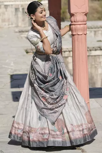 Grey Kalamkari Manipuri Silk Lehenga With (Unstitched) Blouse