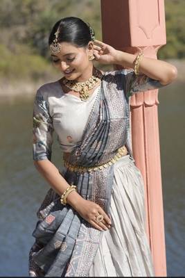 Grey Kalamkari Manipuri Silk Lehenga With (Unstitched) Blouse 3