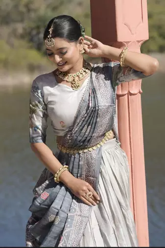Grey Kalamkari Manipuri Silk Lehenga With (Unstitched) Blouse