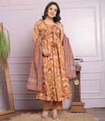 Beige Cambric CottonFabric With Hand Work Design Anarkali Style Kurta Pant And Dupatta Set