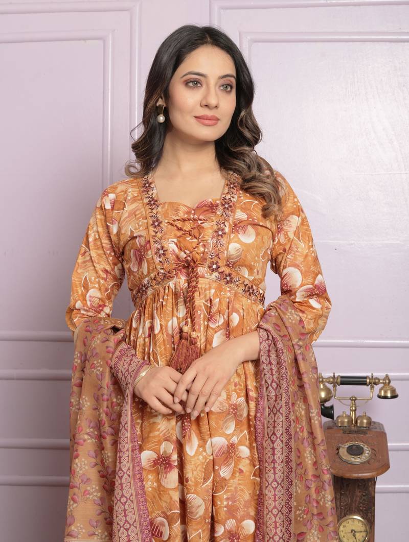 Beige Cambric CottonFabric With Hand Work Design Anarkali Style Kurta Pant And Dupatta Set