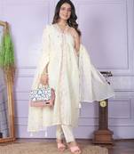 OffWhite cambric cottonfabric with hand work design anarkali style kurta pant and dupatta set