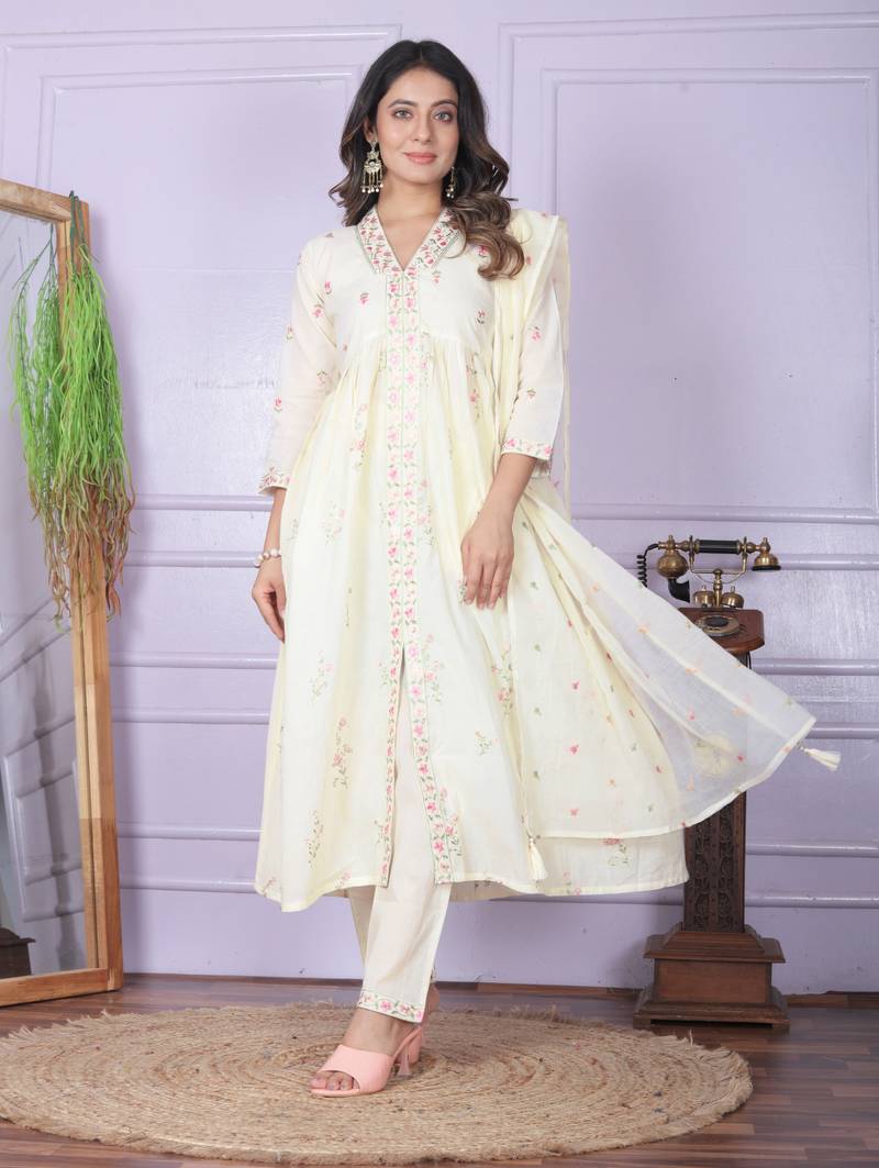 OffWhite cambric cottonfabric with hand work design anarkali style kurta pant and dupatta set
