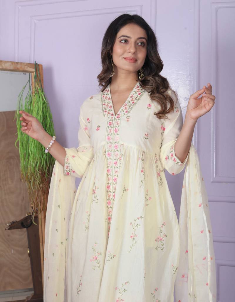 OffWhite cambric cottonfabric with hand work design anarkali style kurta pant and dupatta set