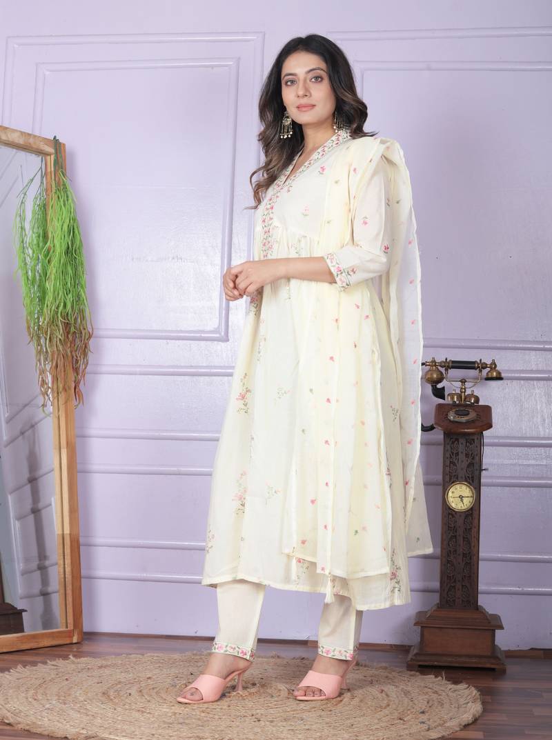 OffWhite cambric cottonfabric with hand work design anarkali style kurta pant and dupatta set