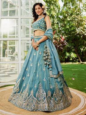 Green colour Orange with Sequins & Moti embroidery Semi-Stitched Lehenga choli & Dupatta 1