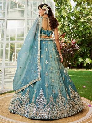 Green colour Orange with Sequins & Moti embroidery Semi-Stitched Lehenga choli & Dupatta 2