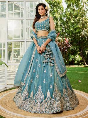 Green colour Orange with Sequins & Moti embroidery Semi-Stitched Lehenga choli & Dupatta 3