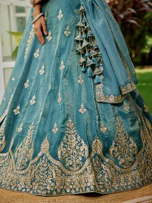 Green colour Orange with Sequins & Moti embroidery Semi-Stitched Lehenga choli & Dupatta 5