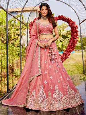 Pink colour Orange with Sequins & Moti embroidery Semi-Stitched Lehenga choli & Dupatta 1