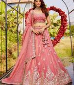 Pink colour Orange with Sequins & Moti embroidery Semi-Stitched Lehenga choli & Dupatta