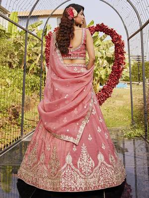 Pink colour Orange with Sequins & Moti embroidery Semi-Stitched Lehenga choli & Dupatta 2