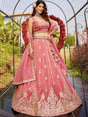 Pink colour Orange with Sequins & Moti embroidery Semi-Stitched Lehenga choli & Dupatta 3
