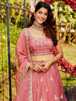 Pink colour Orange with Sequins & Moti embroidery Semi-Stitched Lehenga choli & Dupatta 4