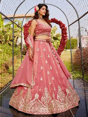 Pink colour Orange with Sequins & Moti embroidery Semi-Stitched Lehenga choli & Dupatta 5