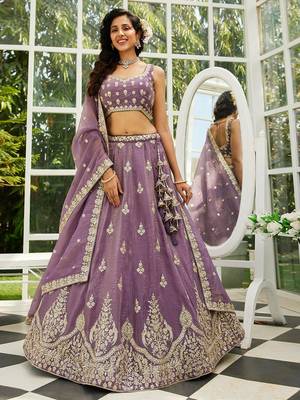 Purple colour Orange with Sequins & Moti embroidery Semi-Stitched Lehenga choli & Dupatta 1