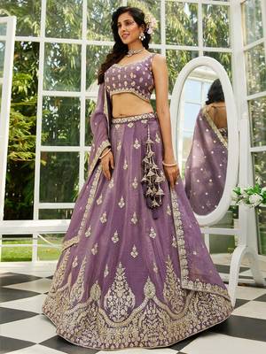 Purple colour Orange with Sequins & Moti embroidery Semi-Stitched Lehenga choli & Dupatta 3
