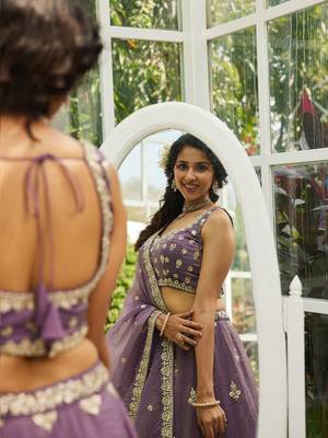 Purple colour Orange with Sequins & Moti embroidery Semi-Stitched Lehenga choli & Dupatta 5
