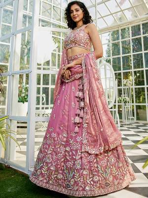 Pink colour Tissue   with Sequins & Thread embroidery Semi-Stitched Lehenga choli & Dupatta 1