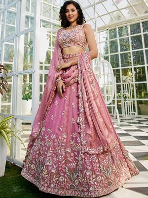 Pink colour Tissue   with Sequins & Thread embroidery Semi-Stitched Lehenga choli & Dupatta 3