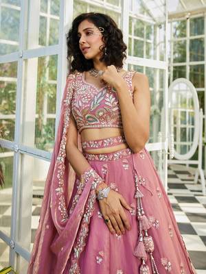 Pink colour Tissue   with Sequins & Thread embroidery Semi-Stitched Lehenga choli & Dupatta 4