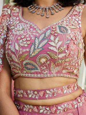 Pink colour Tissue   with Sequins & Thread embroidery Semi-Stitched Lehenga choli & Dupatta 5
