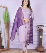 Purple Pure Viscose Muslin Fabric With Hand Work Design Straight Kurta Pant And Dupatta Set
