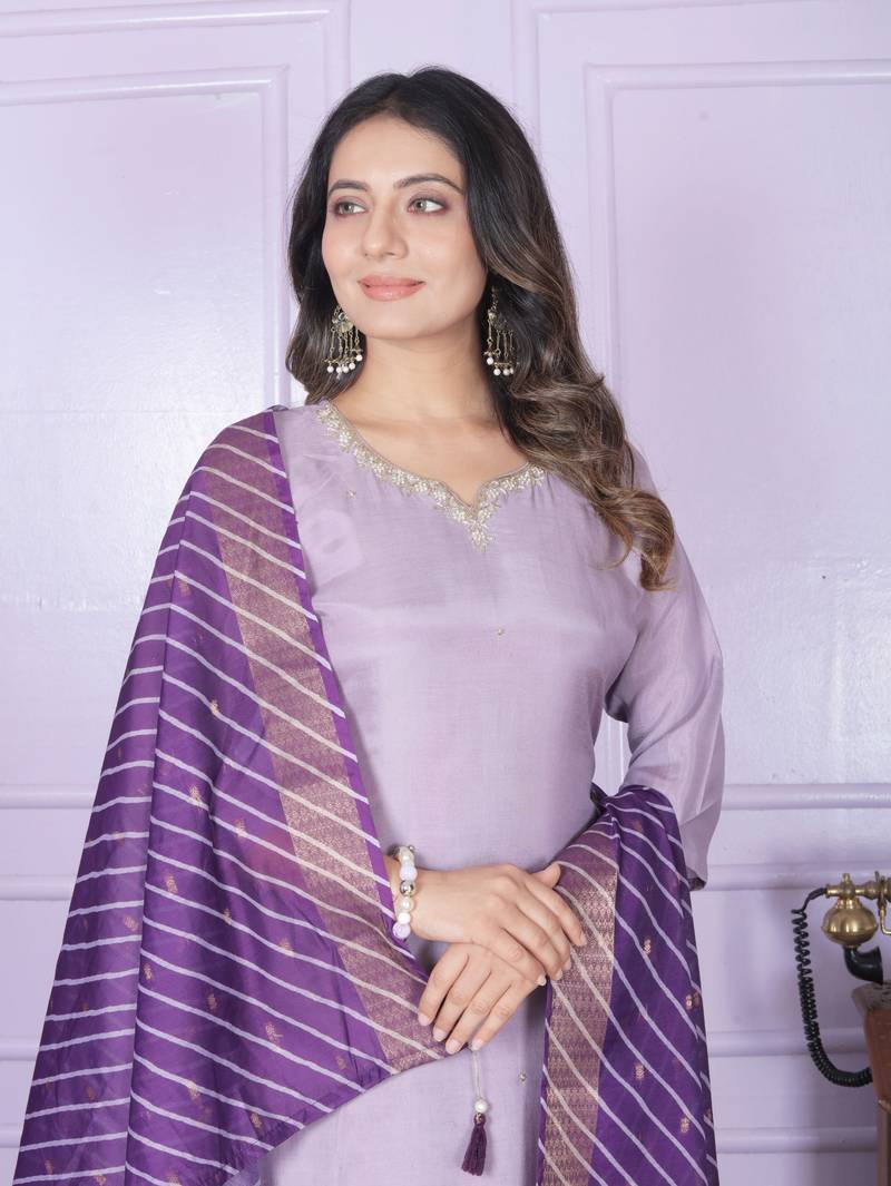 Purple Pure Viscose Muslin Fabric With Hand Work Design Straight Kurta Pant And Dupatta Set