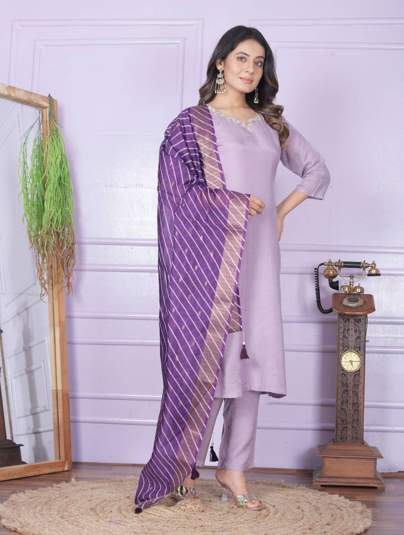 Purple Pure Viscose Muslin Fabric With Hand Work Design Straight Kurta Pant And Dupatta Set