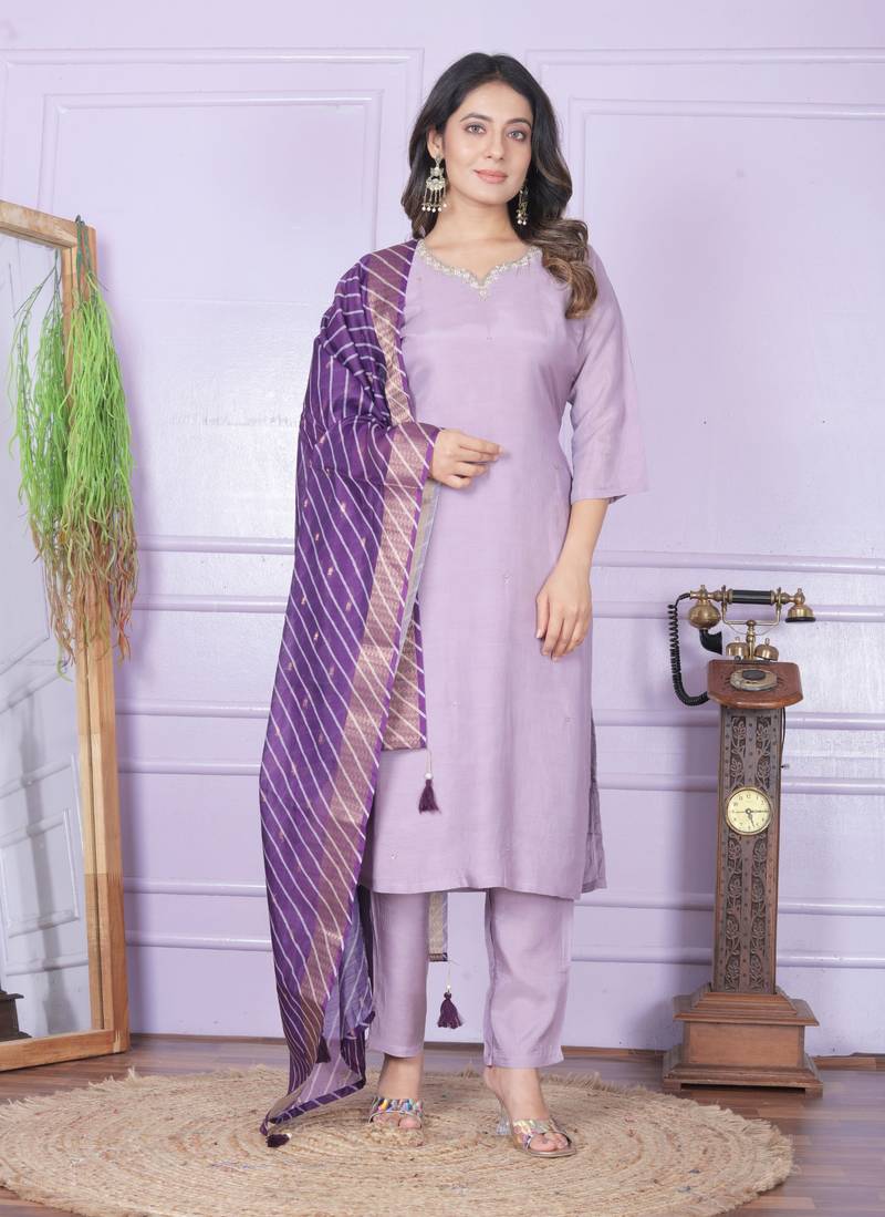 Purple Pure Viscose Muslin Fabric With Hand Work Design Straight Kurta Pant And Dupatta Set