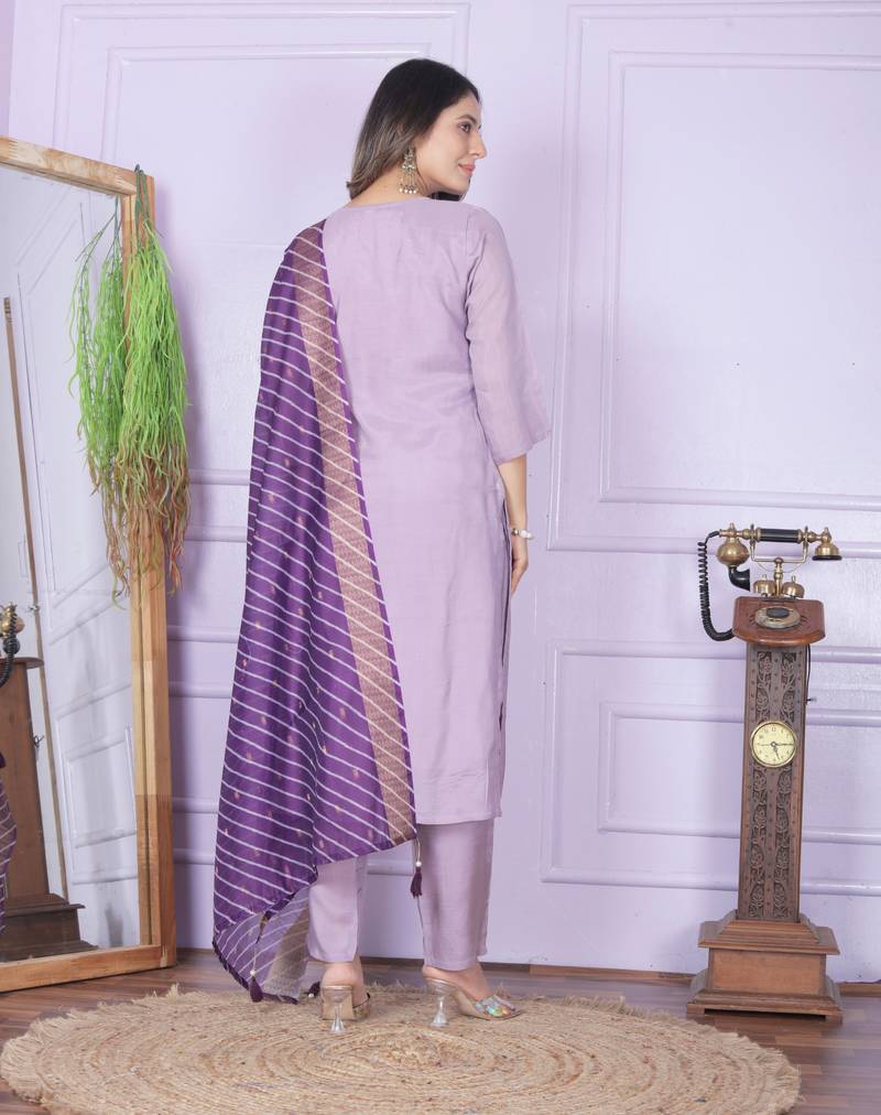 Purple Pure Viscose Muslin Fabric With Hand Work Design Straight Kurta Pant And Dupatta Set