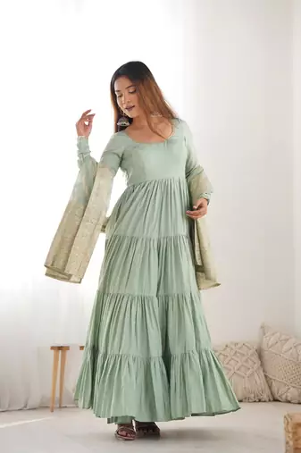 Romansilk Chanderi Fabric Fully Flair Anarkali Gown With Dupatta, Pent