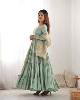 Romansilk Chanderi Fabric Fully Flair Anarkali Gown With Dupatta, Pent 6
