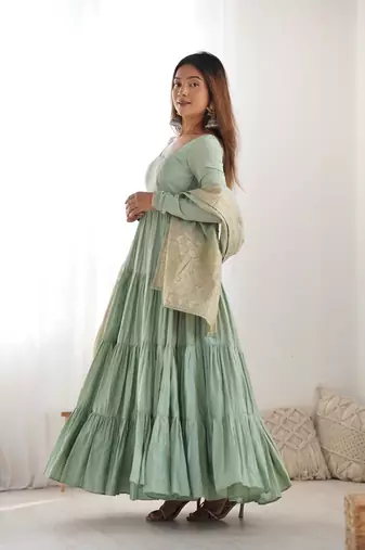 Romansilk Chanderi Fabric Fully Flair Anarkali Gown With Dupatta, Pent